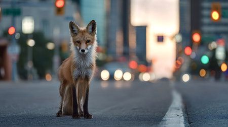 Red fox looking directly at camera, sitting on an asphalt street with blurred city lights and traffic signals creating bokeh in the urban background during twilightの写真素材
