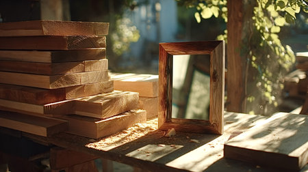 Stacked wooden planks and a handmade frame rest on a workshop workbench, illuminated by warm sunlight filtering through green foliage, symbolizing craftsmanship and creationの写真素材