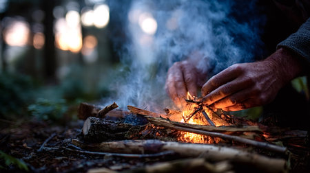 Man's hands are carefully adding kindling to a small, smoking campfire, creating warmth and light in a dark forest setting with a beautiful blurred sunset in the backgroundの写真素材