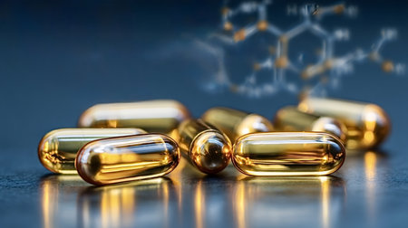 Golden capsules lying on a dark surface with a blurred chemical formula in the background,...
