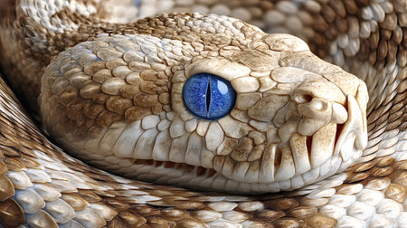 Venomous viper head close up with intricate brown beige scales and a piercing blue eye, highlighting...