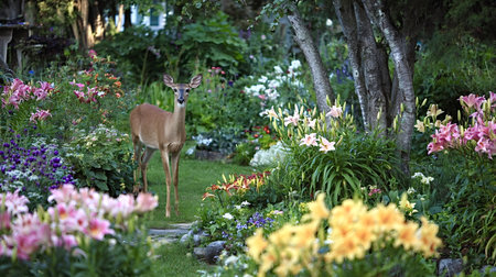 Wild doe stands alert among lush home garden lilies, pink, purple and yellow blooms surrounding graceful wildlife in a serene summer backyard scene, daylight calm and vibrantの写真素材