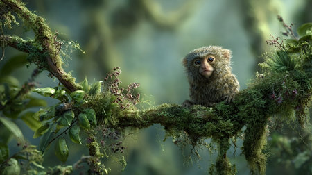 Young pygmy marmoset primate sitting on a thick, moss covered tree branch in a dense tropical...