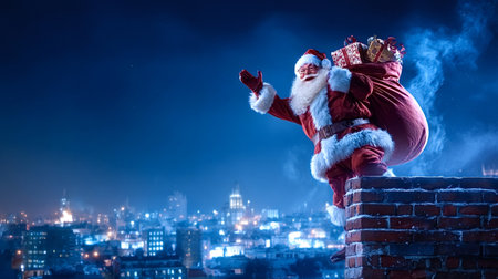 Santa claus standing on a chimney at night with a sack full of gifts, waving his hand over a festive city skyline, bringing joy and holiday traditionsの写真素材