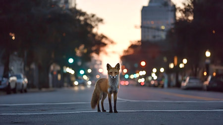 Red fox standing in the middle of a deserted urban street at twilight, looking directly at the viewer with illuminated city lights and blurred buildings in the backgroundの写真素材
