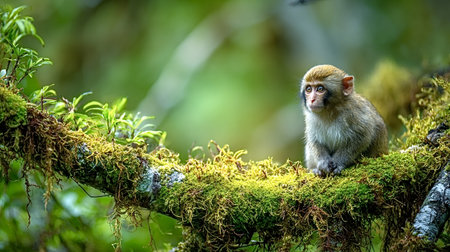 Adorable baby monkey sitting on a moss covered tree branch in a lush green jungle habitat, observing its natural environment with curiosity and innocenceの写真素材