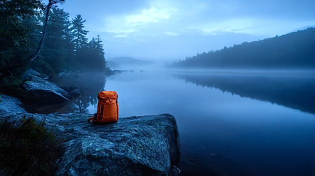 Orange backpack on a mossy rock beside a misty dawn lake, pine reflections and distant hills...