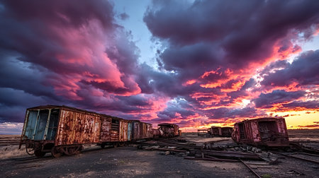 Abandoned trains displaying heavy rust and decay stand on old tracks, silhouetted against a dramatic, colorful sky during a vibrant sunset over a desolate landscapeの写真素材