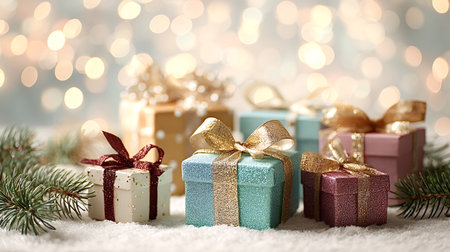 Presents in various colors and sizes, adorned with glittering bows, resting on a bed of snow with...