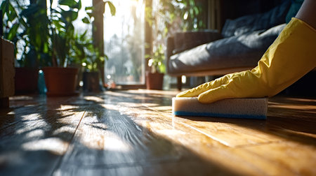 Hand wearing a yellow rubber glove cleaning a wooden floor with a sponge, showing a clean surface and sunlight creating bright reflections indoors, representing domestic hygiene and household choresの写真素材