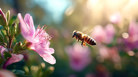Honey bee flying towards a pink flowering plant, collecting nectar and pollen, contributing to the...