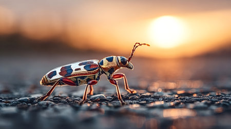 Colorful beetle with intricate patterns walking across rugged ground, captured in a detailed macro perspective with a vibrant sunset providing a warm, blurred background and bokeh highlightsの写真素材