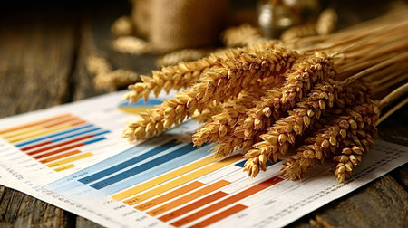Golden wheat ears resting on a paper document displaying colorful bar graphs, illustrating agricultural market analysis and the global economy of grain production and harvestの写真素材