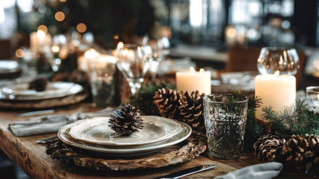 Wooden table featuring holiday place settings, glowing candles, evergreen sprigs, and natural pinecones, creating a warm, festive atmosphere for a cozy winter gatheringの写真素材