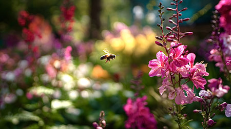 Honeybee flying in bright sunlight, approaching a vibrant pink gaura flower in a lush, colorful summer garden, highlighting pollination and natural beautyの写真素材