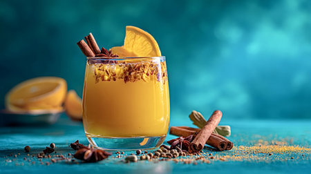 Warm spiced mulled cider with orange slices, cinnamon sticks and star anise, cozy seasonal beverage...