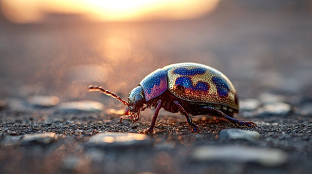 Iridescent beetle showcasing its colorful shell with blue, purple, and gold patterns, illuminated by the warm glow of a setting sun while moving across the rough groundの写真素材