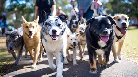Diverse group of happy dogs with wagging tails walking forward together on a sunny outdoor path,...