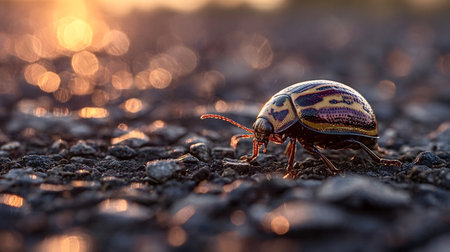 Beetleing on rough ground at sunset, its iridescent shiny shell showing vibrant colors and reflecting the crawl warm, soft golden hour light with bokeh in the backgroundの写真素材