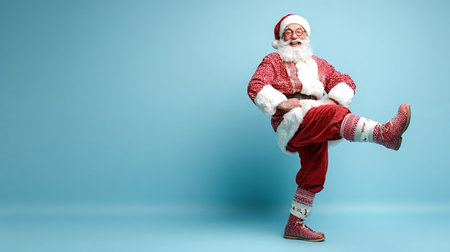 Santa claus wearing his red costume and glasses, having fun and making a joyful pose, balancing on one leg against a clean blue background providing ample copy spaceの写真素材