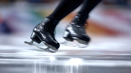 Skater's black boots and blades blurring in motion on a reflective ice surface during a dynamic performance, capturing the speed and grace of a winter sportの写真素材