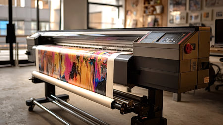 Large format printer machine producing a vibrant colorful abstract design on a roll of canvas,...