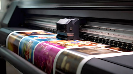 Large format industrial printer operating in a printing production facility, producing new colorful graphic design images and advertisements on a continuous roll of paperの写真素材