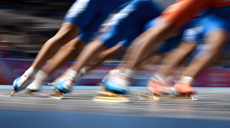 Speed skaters' legs and skates blur across the ice in a high speed race, capturing dynamic motion, power, and competitive intensity during indoor winter sports competitionの写真素材