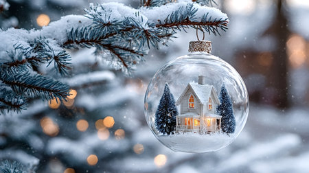 Clear glass ornament hanging from a snow covered pine branch, enclosing a cozy miniature house with...