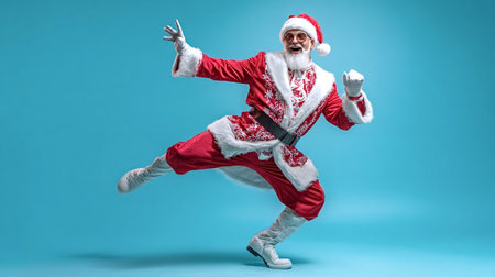 Santa claus wearing his red costume and white beard dancing happily, celebrating Christmas and holidays with a cheerful expression on a blue backgroundの写真素材
