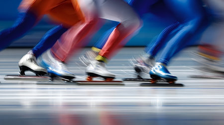 Athletes demonstrating speed and competition during a short track speed skating race, with legs and skates blurred by dynamic movement on the icy surfaceの写真素材