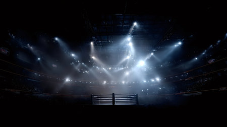 Empty boxing ring stands illuminated by bright spotlights in a dark, smoke filled stadium arena, surrounded by distant, blurred crowd for a sports competitionの写真素材