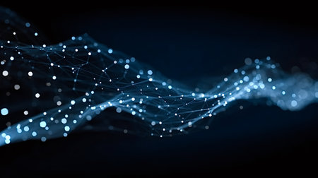 Abstract flowing mesh of glowing dots and connecting lines forming a wave like network on deep blue background, symbolizing global communication, ai, big data and technology visualizationの写真素材