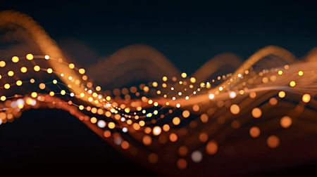 Abstract waves of orange light and glowing data points forming a futuristic network representation, symbolizing communication, technology, and interconnected information flowの写真素材