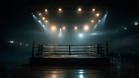 Boxing ring standing empty in a dark arena, illuminated by dramatic stage lights, creating an atmosphere of anticipation and preparation for a major sport eventの写真素材