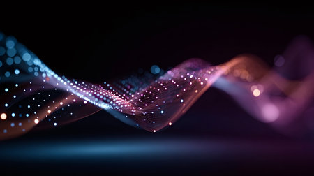 Abstract glowing particle wave forming a flowing data stream that visualizes technology, connectivity and communication with vibrant blue, pink and purple motion effectsの写真素材