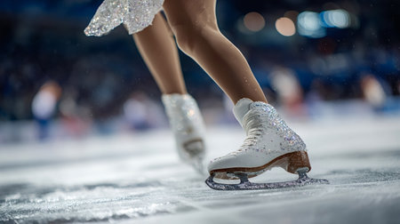 Professional figure skater's legs and feet gracefully glide over a frozen ice rink, wearing white sparkling skates and a glittery dress during a competitionの写真素材