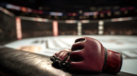 Pair of red mixed martial arts gloves lying on the padded rail of an empty fighting octagon, symbolizing combat, competition, and the intense world of professional fighting sportsの写真素材