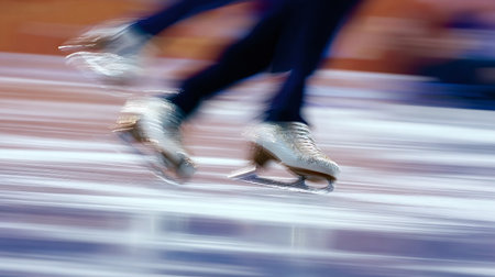 Ice skater's feet and blades creating a dynamic motion blur effect on the frozen ice, representing speed, agility, and the excitement of a winter sportの写真素材