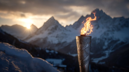 Olympic torch burning with a bright flame, symbolizing the spirit of sport, hope, and peace against a backdrop of snow capped mountains and a dramatic sunset skyの写真素材
