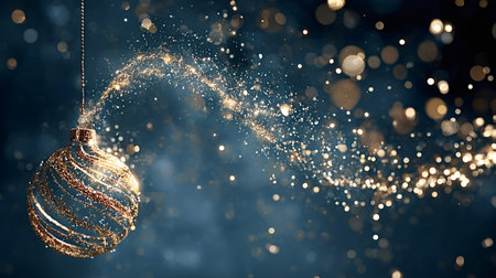 Shiny golden spiral christmas ornament with glitter and glowing particle trail against a dark blue bokeh background, evoking elegant, magical holiday celebration and warmthの写真素材