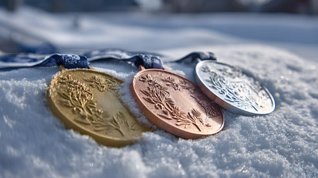 Medals in gold, silver, and bronze finish are resting on fresh white snow, symbolizing achievement, competition, and the honor of winning a championship eventの写真素材