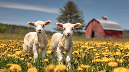 Lambs stand in a vibrant yellow dandelion field under a clear blue sky, with a classic red barn and evergreen tree in the background, capturing the essence of spring life on a farmの写真素材