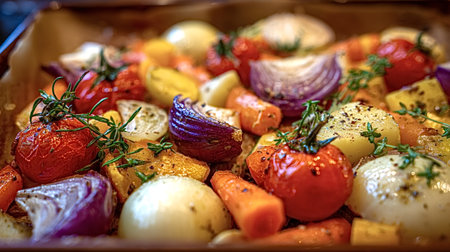 Roasted vegetables including colorful onions, cherry tomatoes, carrots, and potatoes, seasoned with fresh thyme and spices, representing healthy eating and vegan food preparationの写真素材