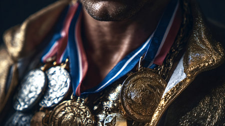 Champion athlete wearing a collection of gold, silver, and bronze medals with red, white, and blue ribbons, symbolizing success, victory, and achievement in competition after years of dedicationの写真素材