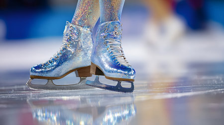 Ice skater wearing shimmering blue and silver glitter figure skates, standing on a smooth ice rink, reflecting vibrant lights and preparing for a performanceの写真素材