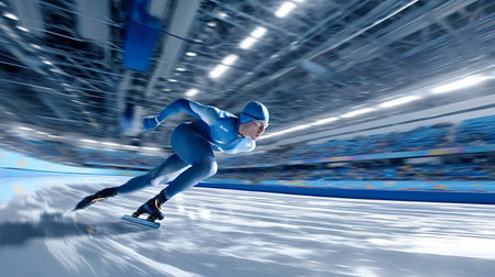 Professional speed skater propelling forward on the ice, creating motion blur, during an indoor sporting competition in a large, modern stadium with spectator standsの写真素材