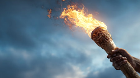 Person's hand gripping a burning wooden torch with a vibrant flame, symbolizing hope, freedom, leadership, and perseverance against a dramatic blue sky with subtle cloudsの写真素材