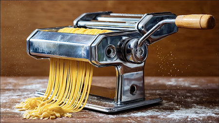 Pasta maker extruding fresh yellow spaghetti dough onto a floured wooden surface, representing homemade cooking, traditional Italian food preparation, and culinary craftsmanshipの写真素材