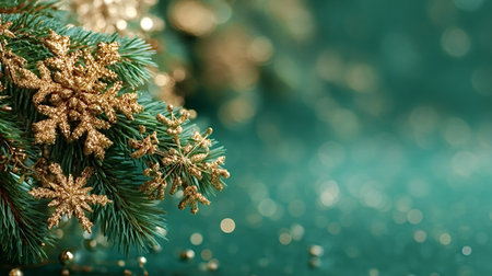 Golden glitter snowflakes decorating green pine branches against a teal background, creating a festive holiday atmosphere with sparkling bokeh lights and copy spaceの写真素材